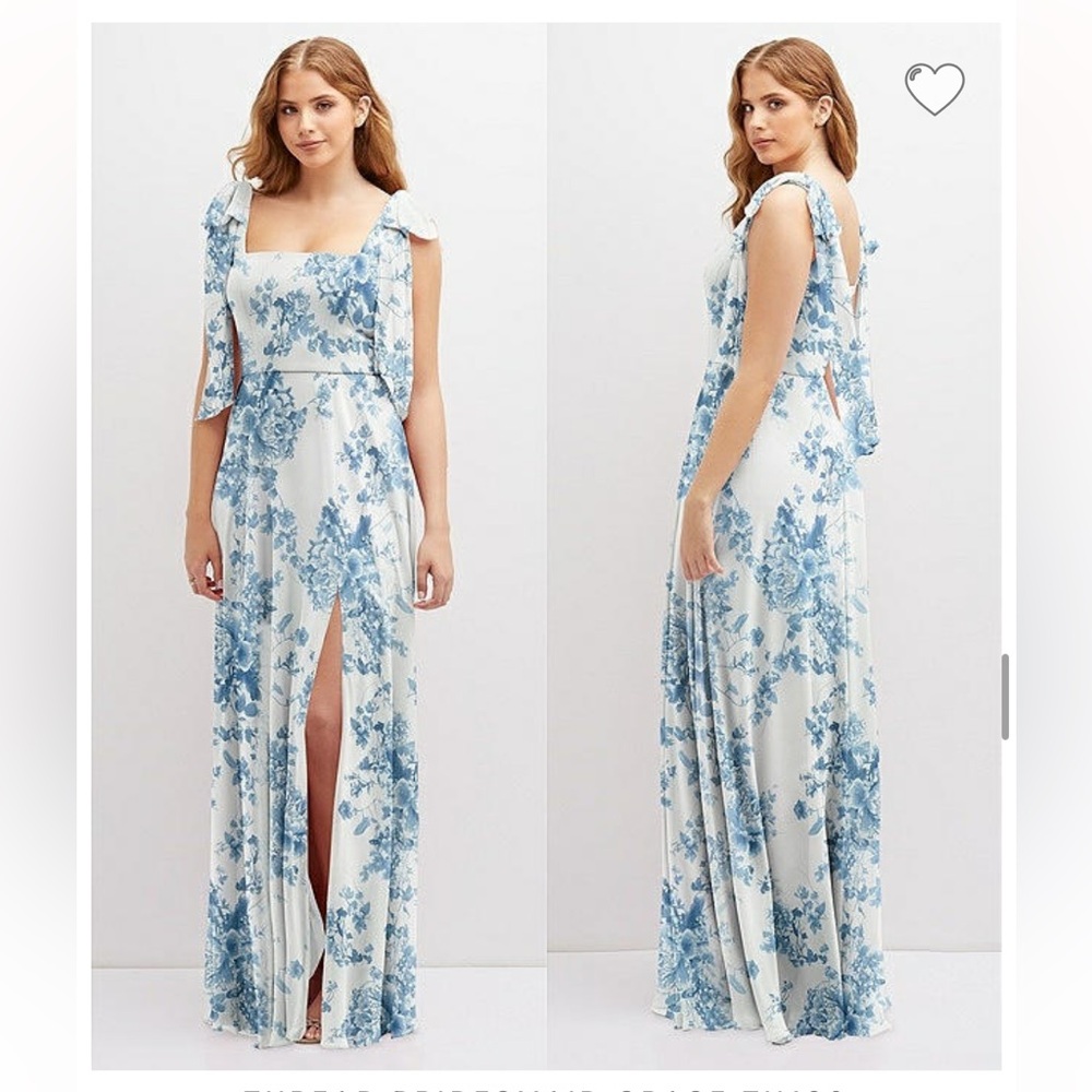 BOW SHOULDER SQUARE NECK CHIFFON MAXI DRESS IN COTTAGE ROSE DUSK BLUE